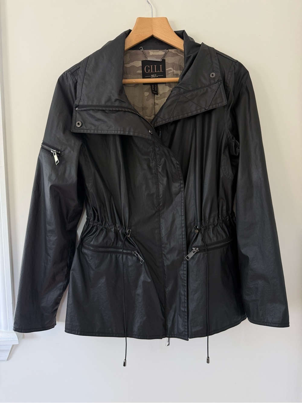 G.I.L.I. Black Lightweight Coated Cotton Utility Jacket with Cinch Waist